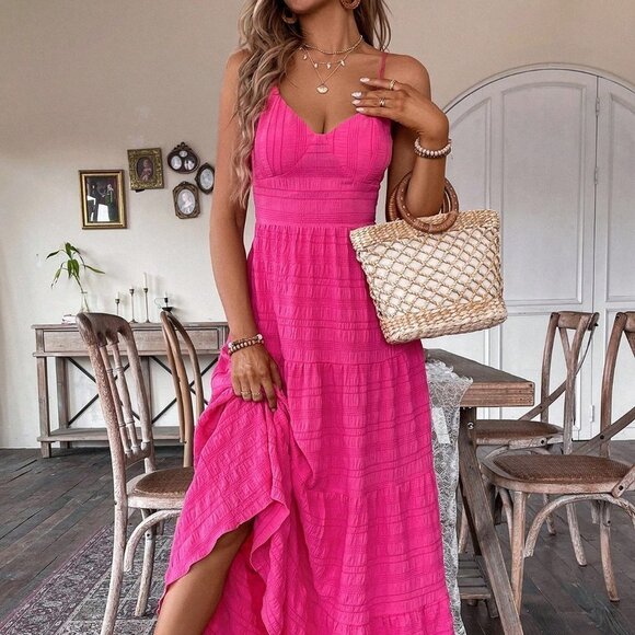 Pink Boho Ladies' Textured Long Slip Dress With Spaghetti Straps - Picture 6 of 6